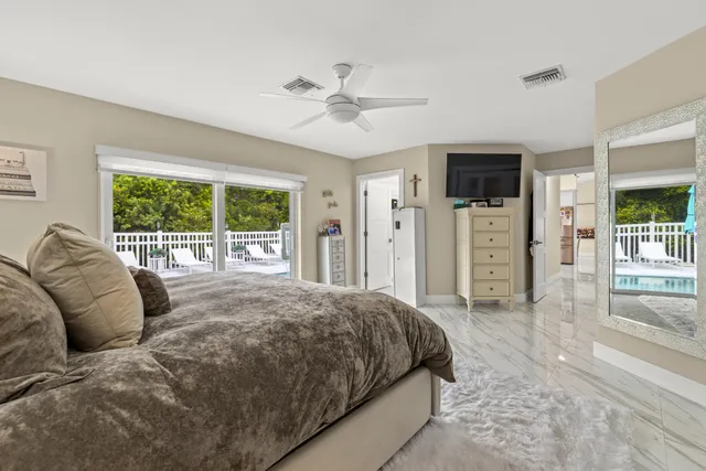 a spacious bedroom with a large bed and a large window