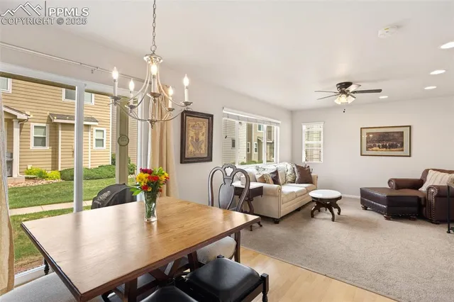 a view of a dining room with furniture window and outside view