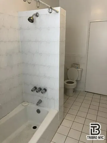 a bathroom with a bathtub and a toilet