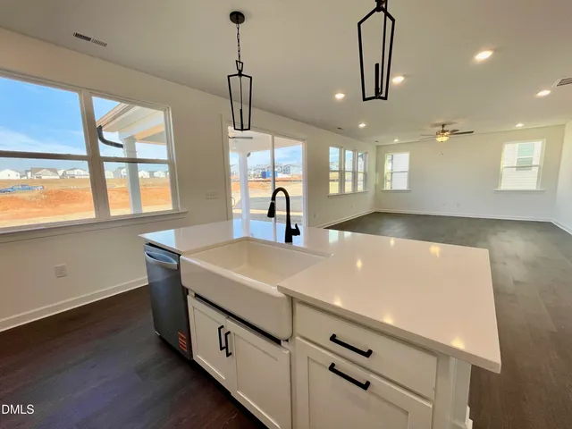 a kitchen with a sink a window and wooden floor