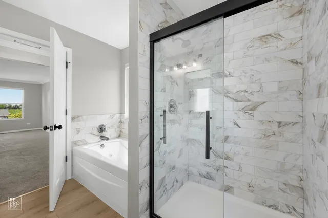 a bathroom with a bathtub and shower