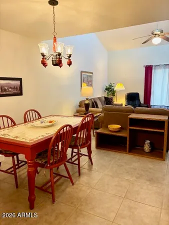a view of a dining room with furniture