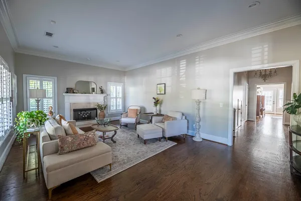 a living room with furniture a fireplace and a potted plant