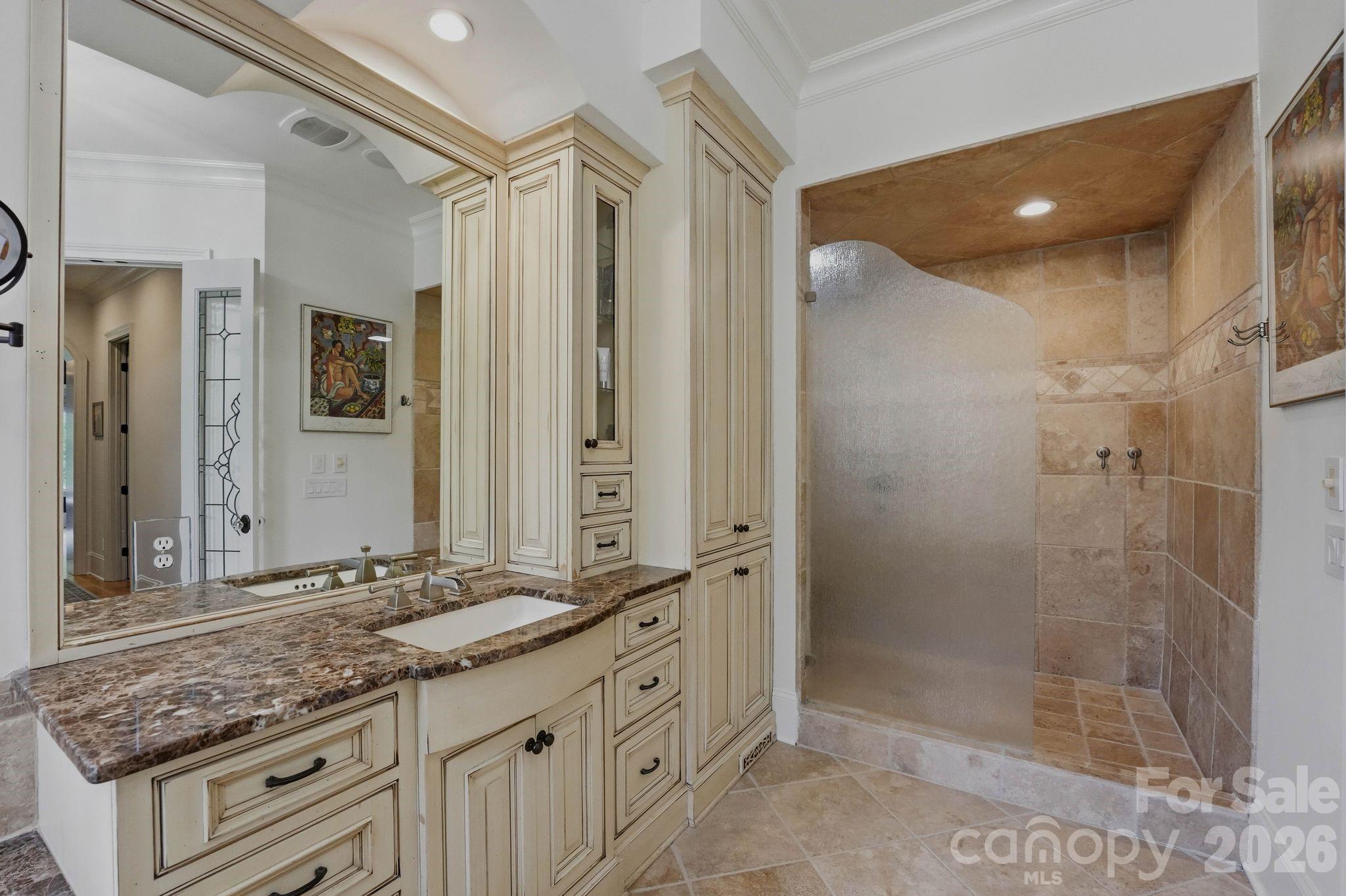 7416 Lee Rea Road Charlotte, NC 28226 - Photo 30 of 48 a bathroom with a granite countertop sink mirror and shower