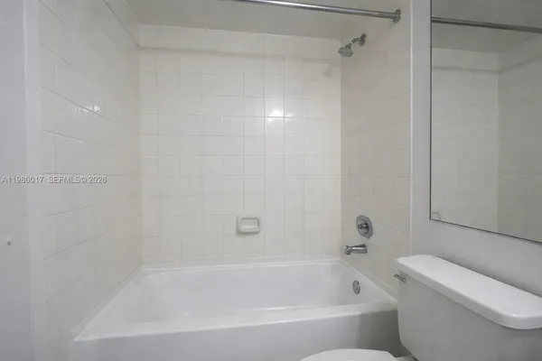 a bathroom with a bathtub and a toilet