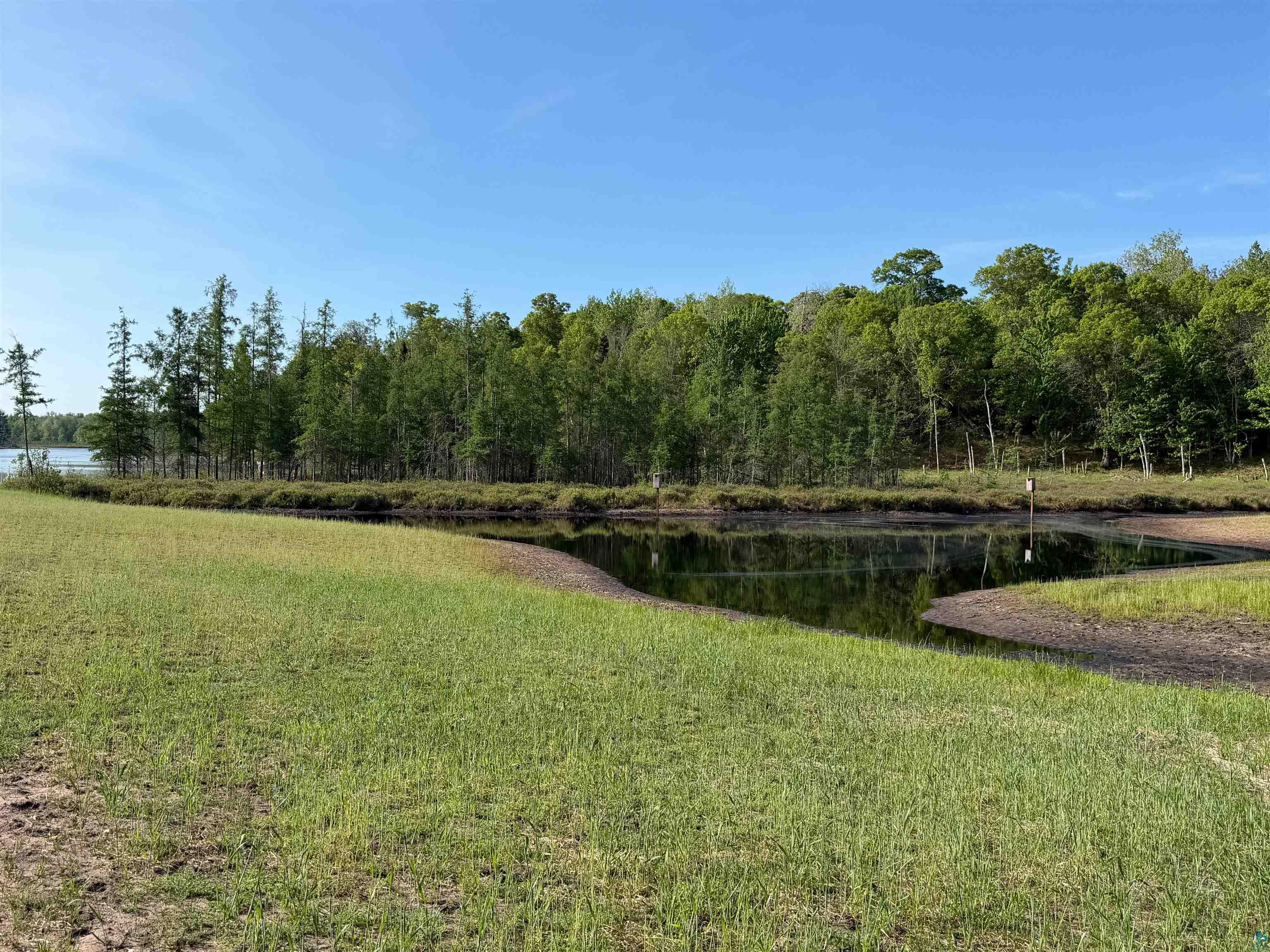11702 East Mail Road Gordon, WI 54838 - Photo 24 of 60 Expansive green space featuring a tranquil pond, a distant body of water, and a dense treeline