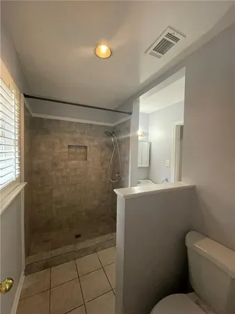 a bathroom with a shower and a toilet