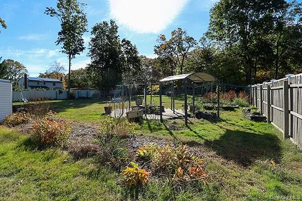 a view of a garden with a bench and trees