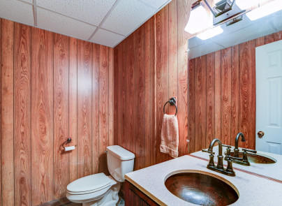 445 Deep Woods Road Hardy, VA 24101 - Photo 22 of 47 a bathroom with a sink a toilet and shower curtain