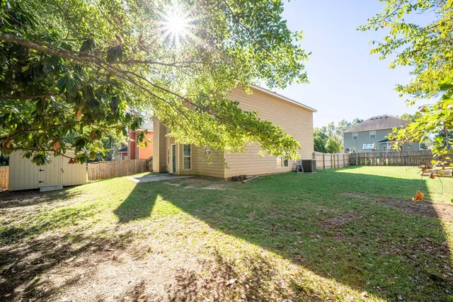 a view of a yard with plants and a tree