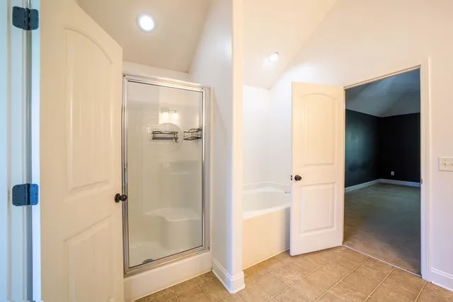 a bathroom with a bathtub and a shower