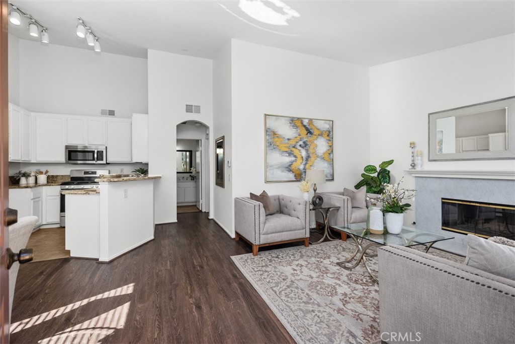 Fireplace. High end vinyl flooring.