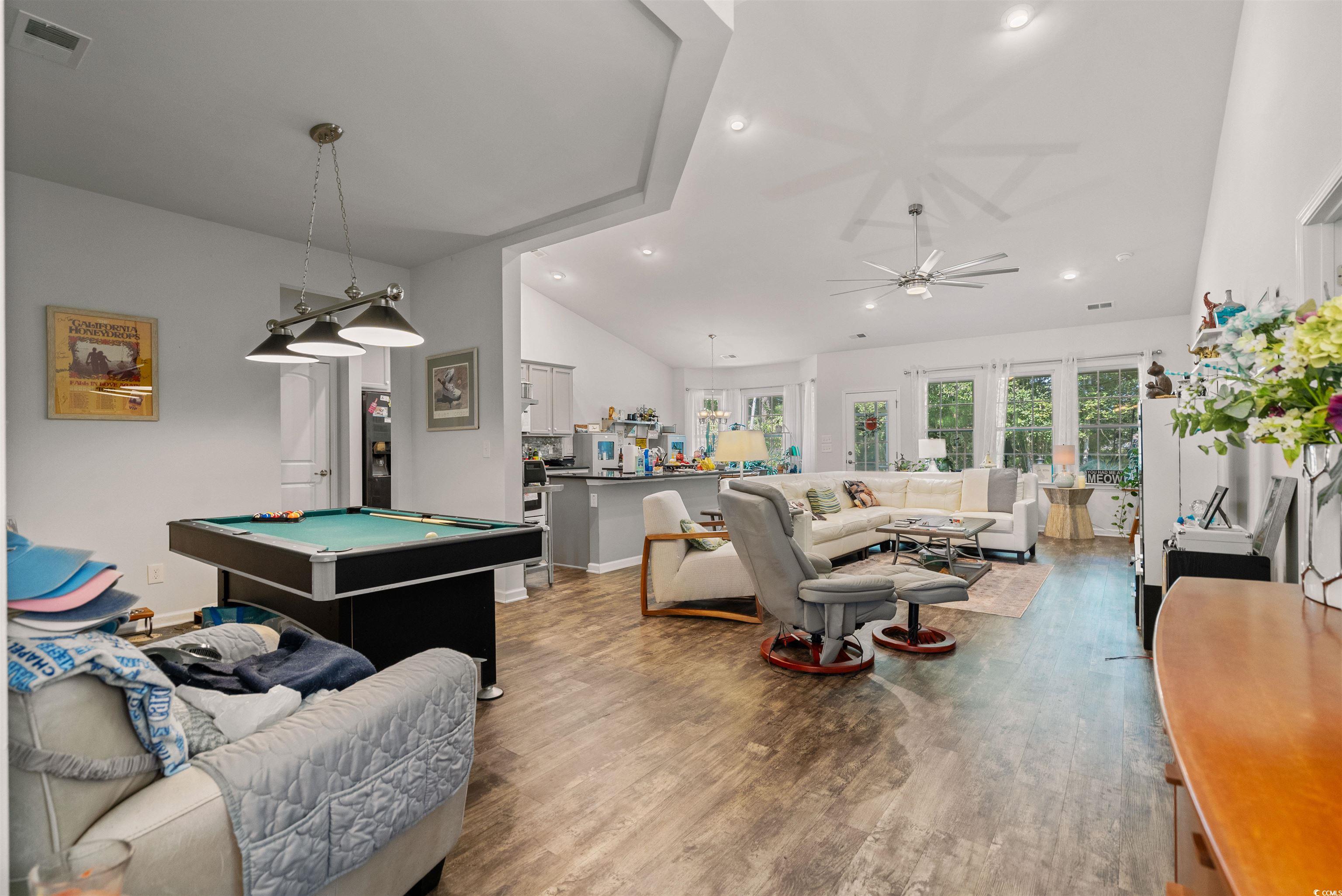 826 Cypress Way Little River, SC 29566 - Photo 6 of 40 Rec room featuring lofted ceiling, wood finished floors, recessed lighting, billiards, and ceiling fan