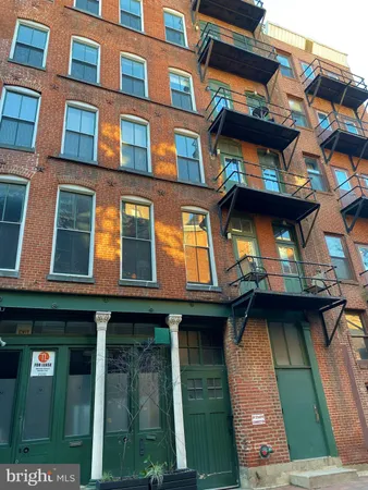 a view of a building with a door