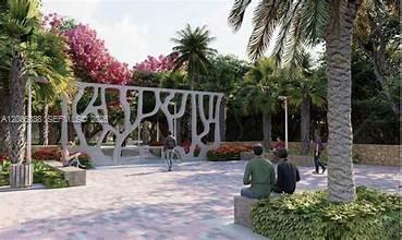 a view of a park with potted plants and large trees