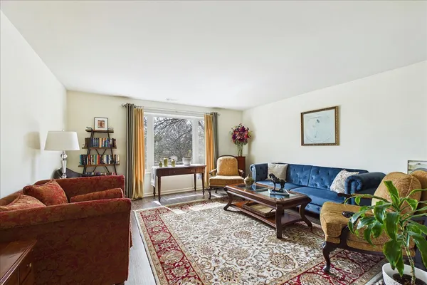 a living room with furniture a rug and a large window