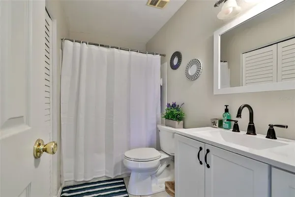 a bathroom with a sink a toilet and shower curtain