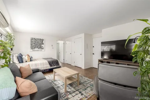 a living room with furniture and a potted plant