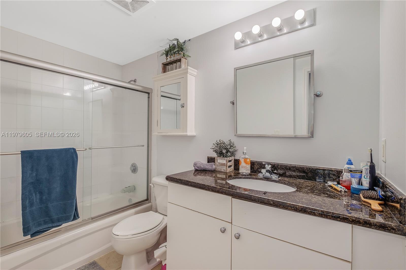 1250 South Miami Avenue, Unit 2802 Miami, FL 33130 - Photo 53 of 64 a bathroom with a granite countertop sink a toilet a mirror and shower