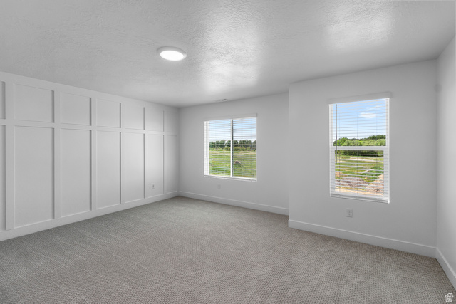 2770 West Aurora Avenue Mapleton, UT 84664 - Photo 7 of 16 Unfurnished room featuring carpet flooring, a textured ceiling, and a decorative wall