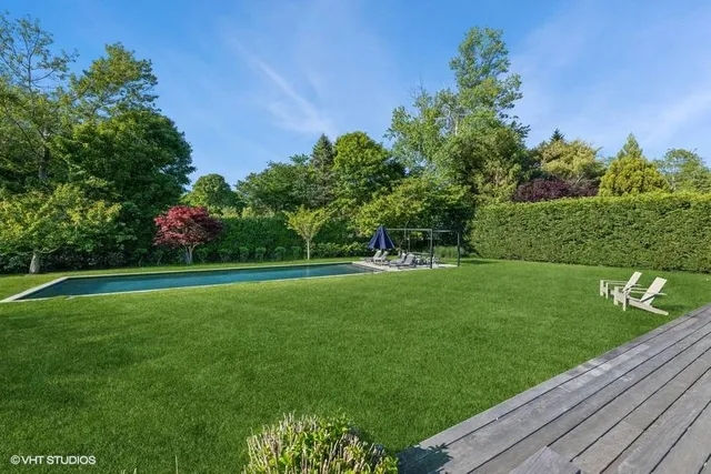 a view of a park with large trees