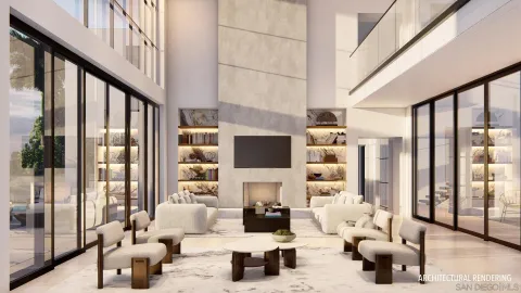 a living room with furniture a floor to ceiling window and a flat screen tv