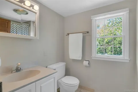 a bathroom with a sink a toilet and a window