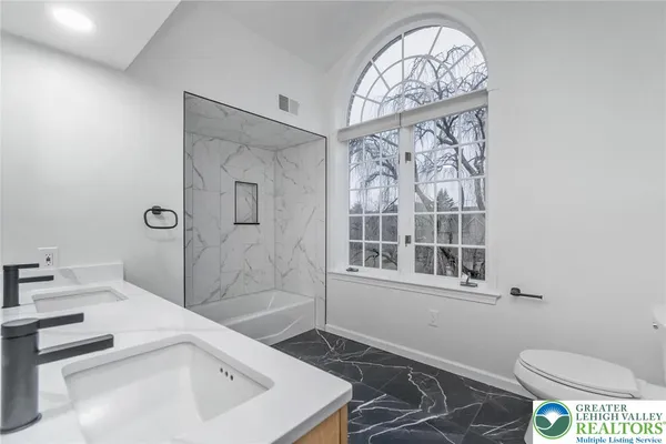 a bathroom with a sink a toilet and shower