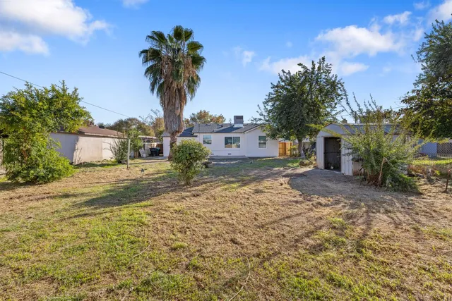 a palm tree sitting in front of a house with a garden