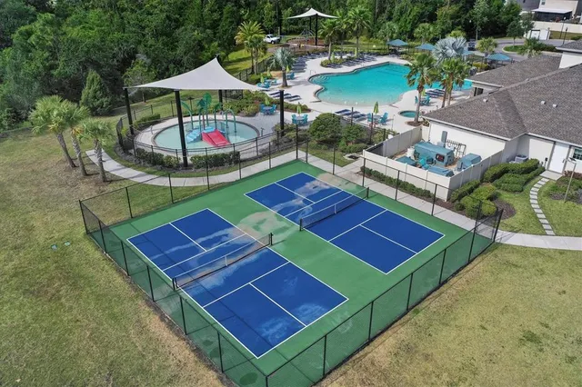 an outdoor space with chairs