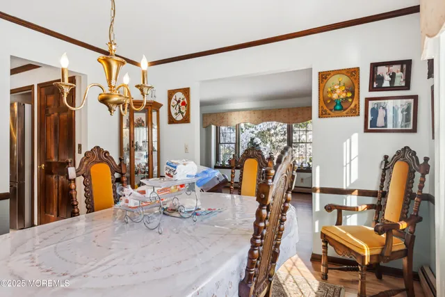 a view of a dining room with furniture