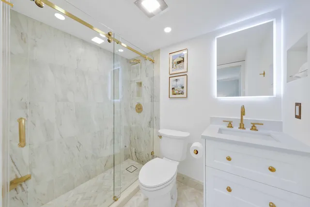 a bathroom with a granite countertop sink a toilet and a shower