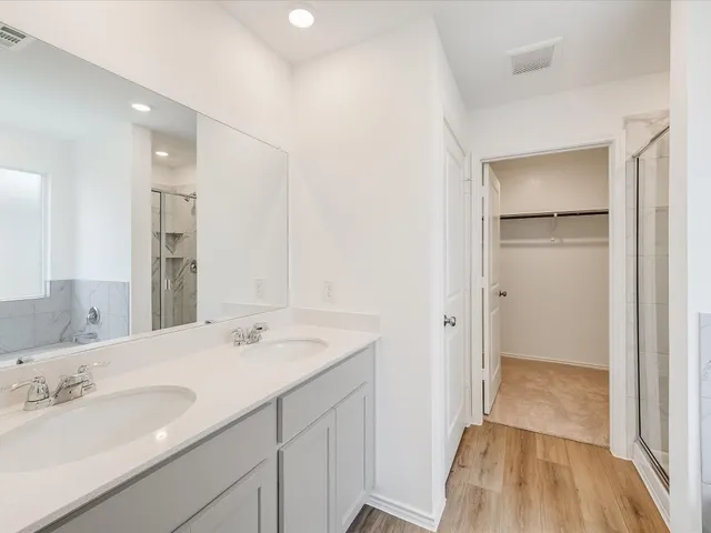 a bathroom with a sink a mirror and a shower
