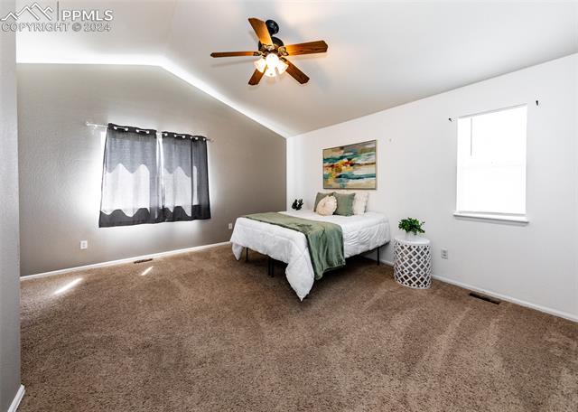 995 Winebrook Way Fountain, CO 80817 - Photo 22 of 44 Carpeted bedroom featuring ceiling fan and vaulted ceiling