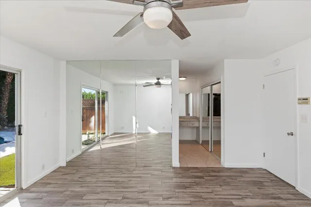 a view of dining room with wooden floor