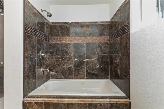 a bathroom with a shower and bathtub