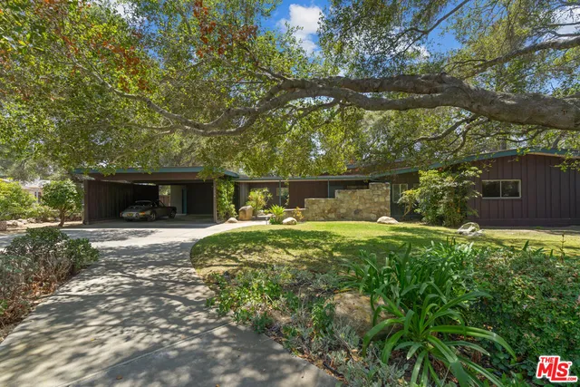 a backyard of a house with table and chairs potted plants and large tree
