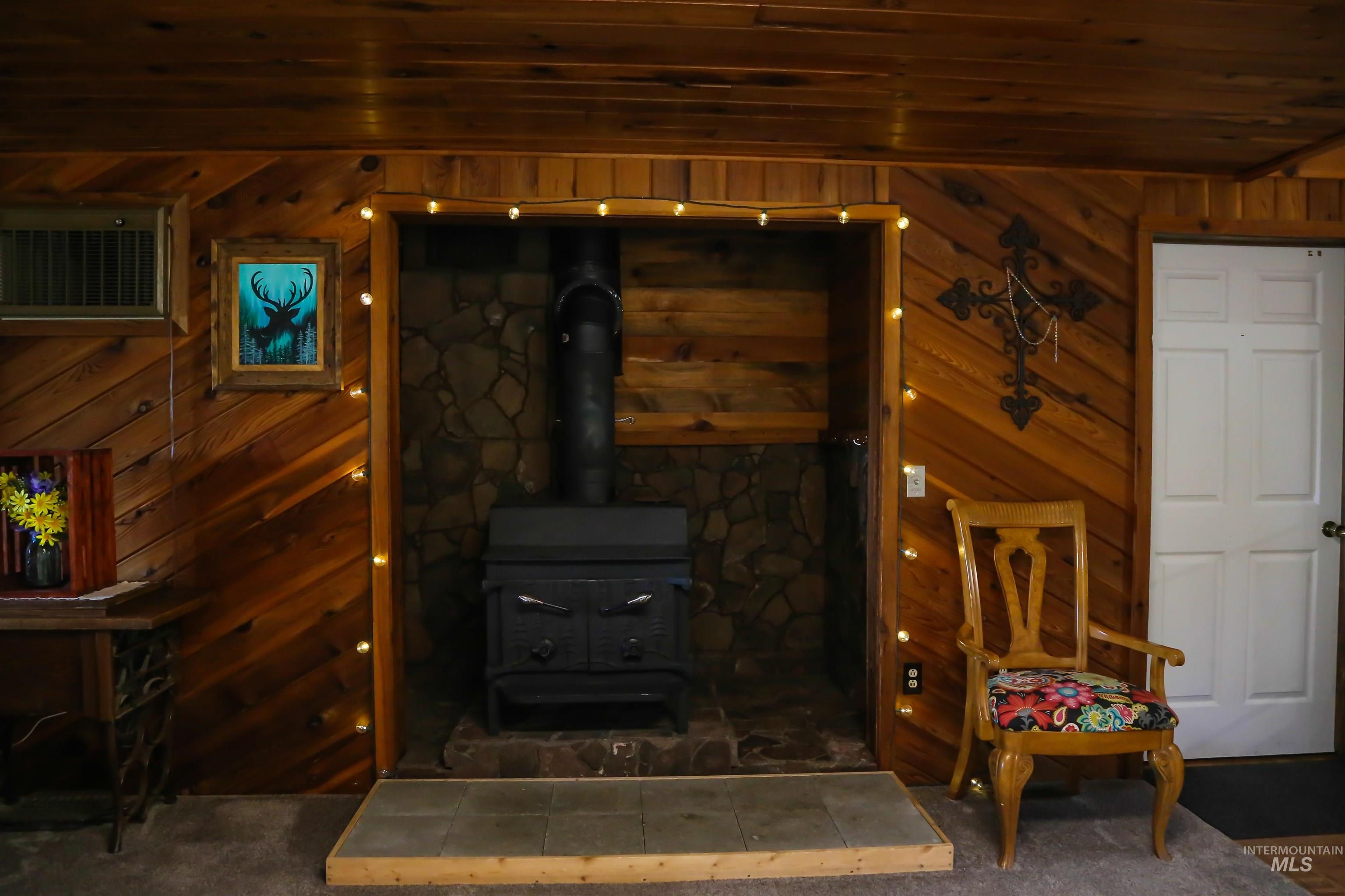 2060 Missman Road Council, ID 83612 - Photo 6 of 50 Detailed view of carpet flooring, wood walls, and a wood stove