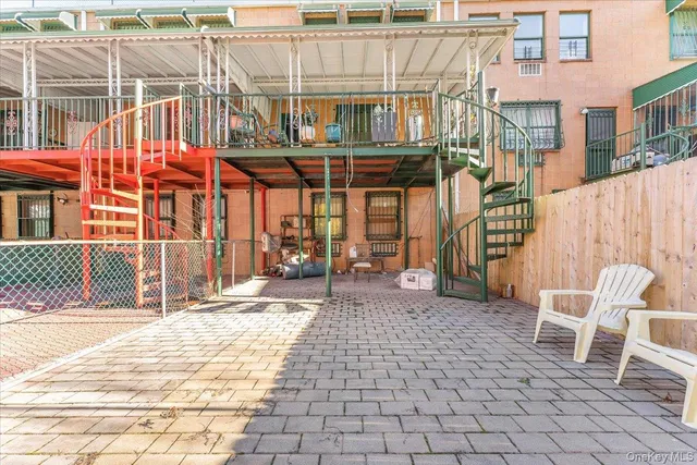 a view of a building with a bench