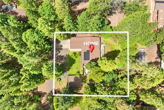 a backyard of a house with table and chairs and a large tree
