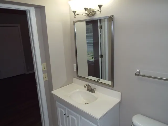a bathroom with a sink vanity and mirror