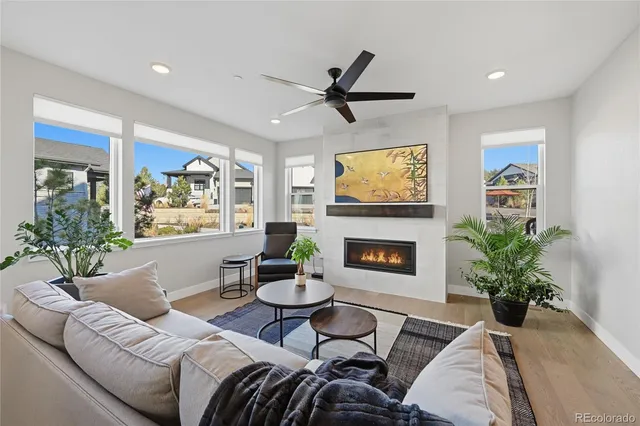 a living room with furniture a fireplace with a potted plant