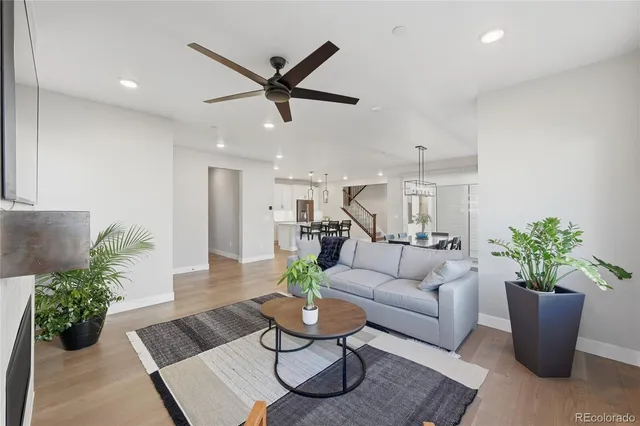a living room with furniture and a potted plant