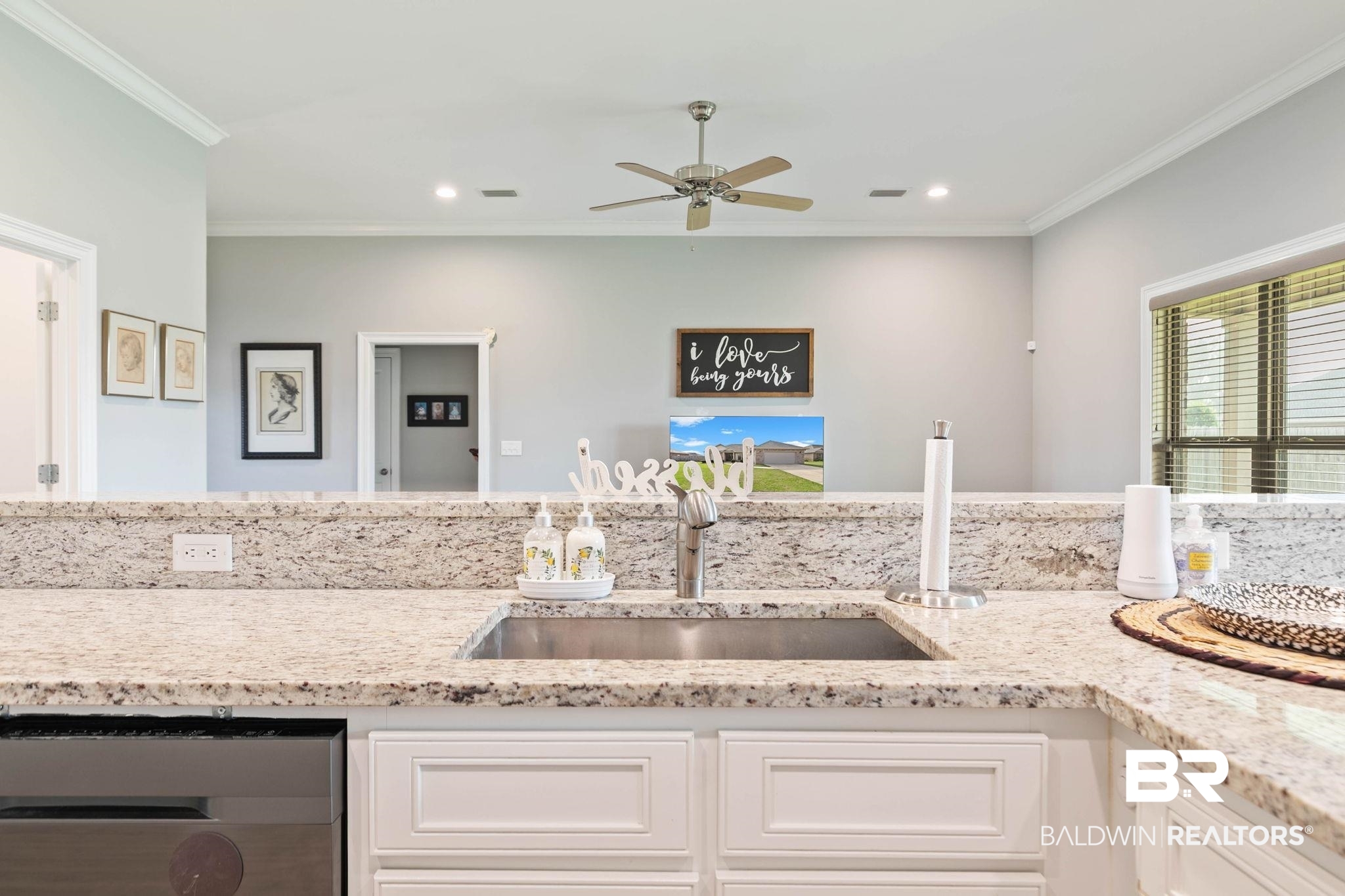 9388 Pembrook Loop Fairhope, AL 36532 - Photo 23 of 53 Kitchen featuring light stone counters, dishwasher, white cabinets, recessed lighting, and ornamental molding