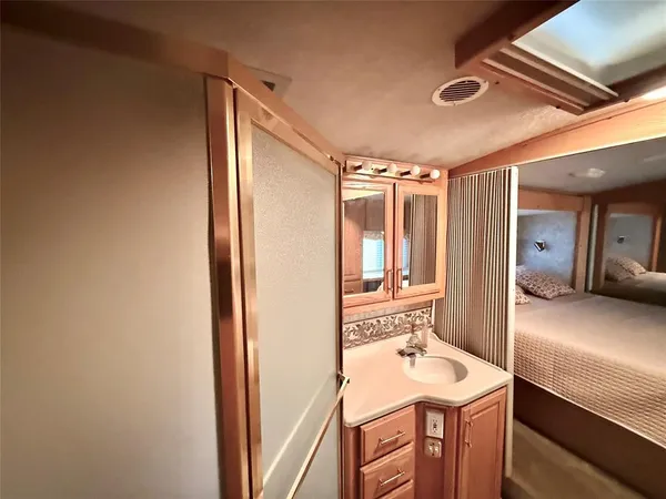 a bathroom with a sink a mirror and a shower