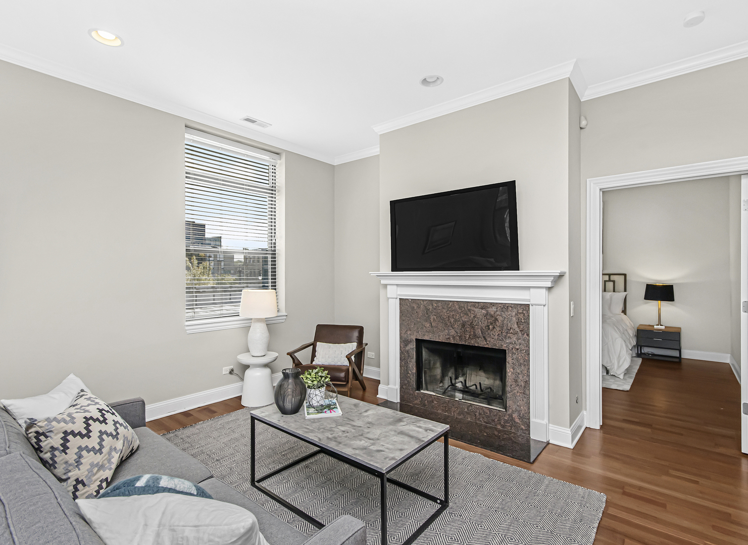 1908 West Irving Park Road, Unit 303 Chicago, IL 60613 - Photo 3 of 22 a living room with furniture a fireplace and a flat screen tv