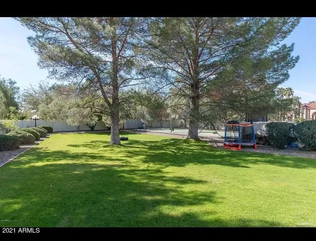 a view of a house with a big yard potted plants and large tree