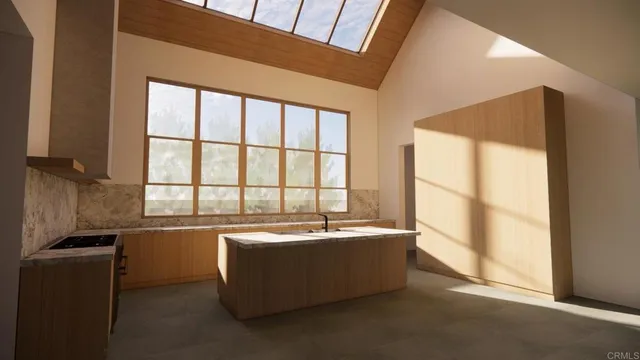 a room with pool table and windows