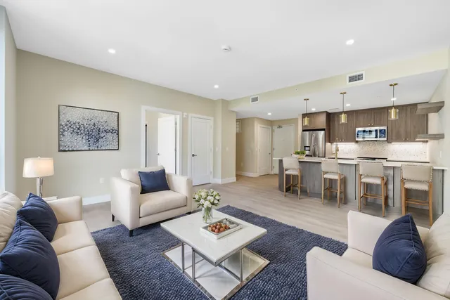 a living room with furniture and a dining table with kitchen view