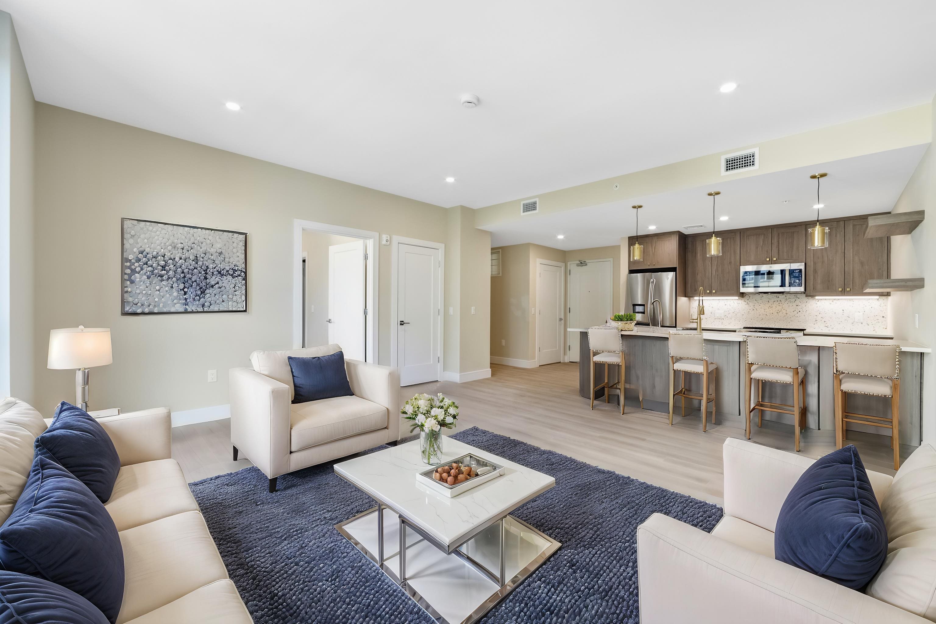 a living room with furniture and a dining table with kitchen view